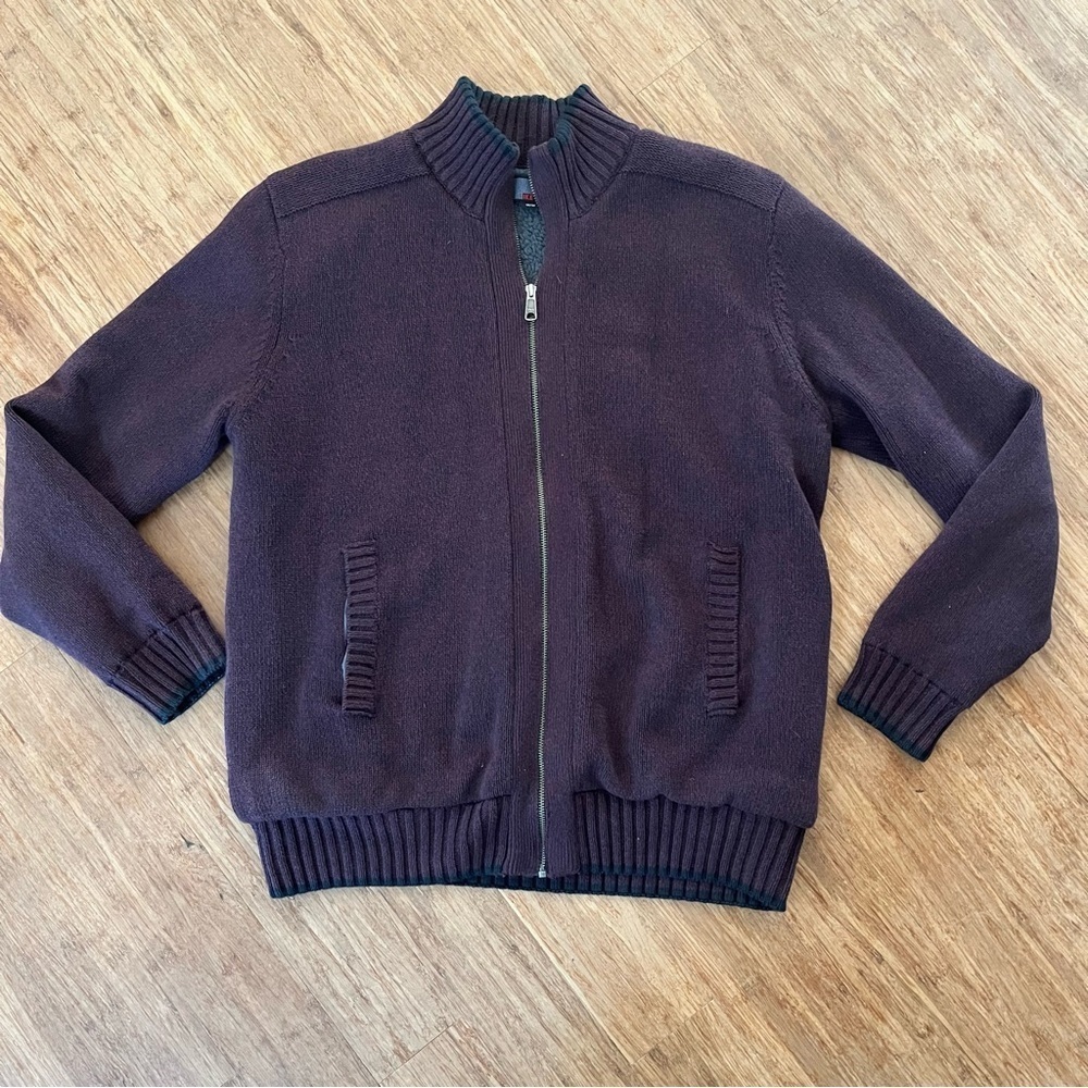 Ike behar Men's Burgundy/Black Full Zip Knit Sherpa Lined Knit Sweater SZ M